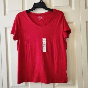 Time and Tru Red Relaxed Fit V-Neck T-Shirt M (8-10) 100% Cotton NWT